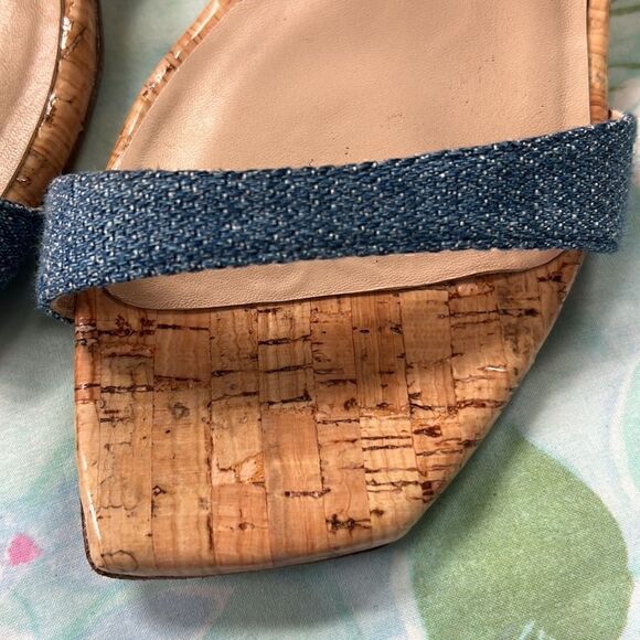 Stuart Weitzman Denim Strap Square Toe Sandals Wedge - Picture 2 of 16